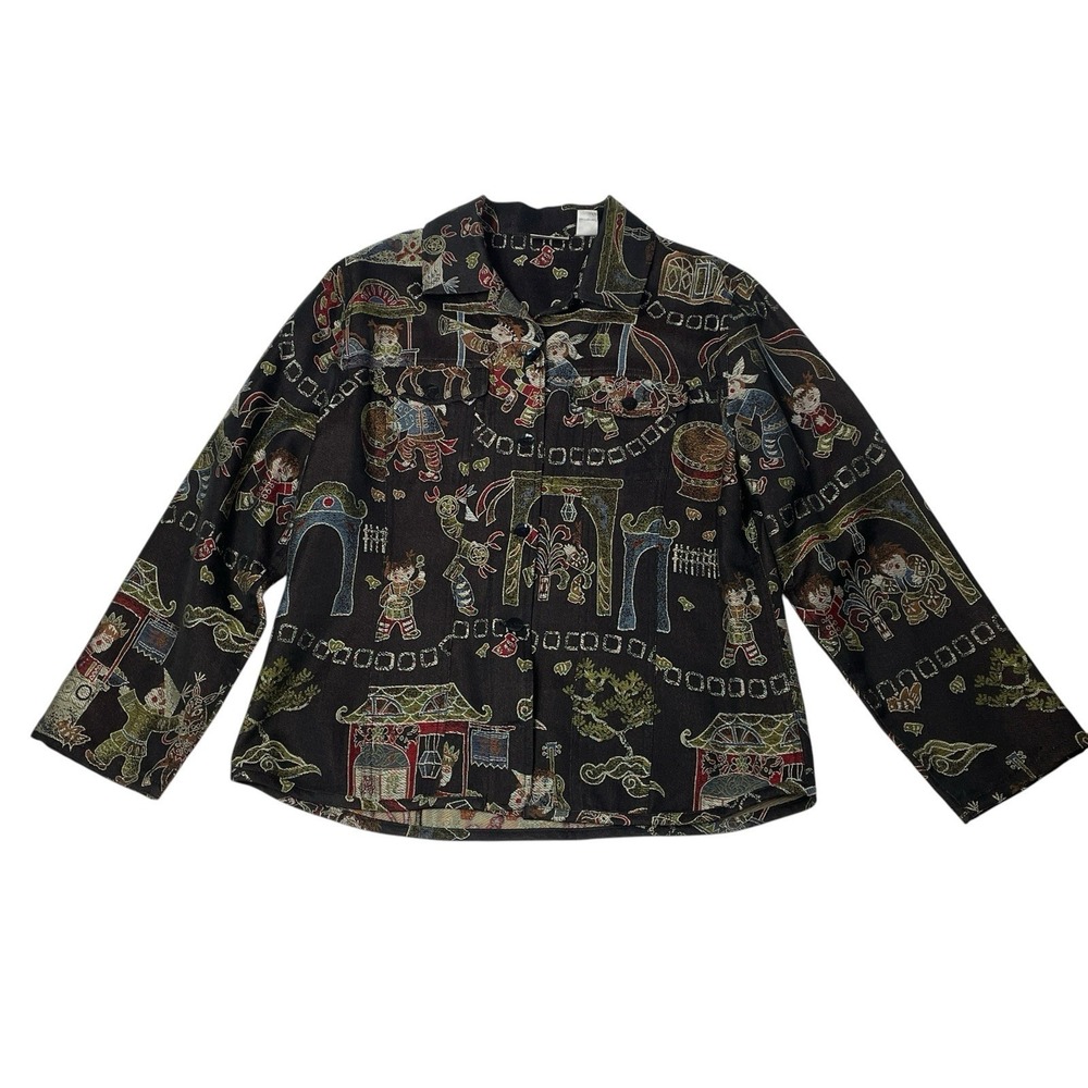 Chicos Tapestry Jacket Silk Blend Womens Size 1 (M) Asian Scene Art Whimsigoth